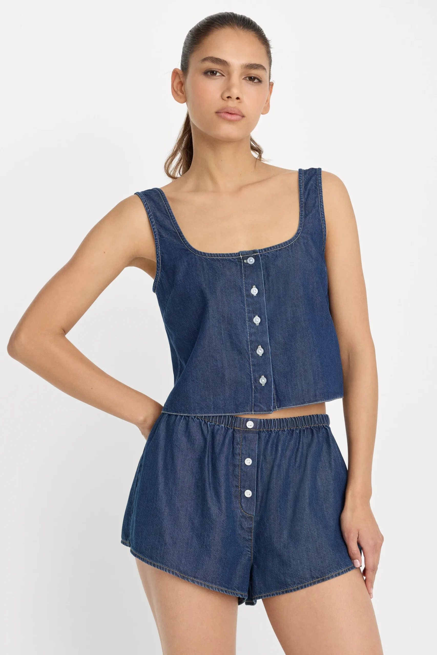 denim button front tank