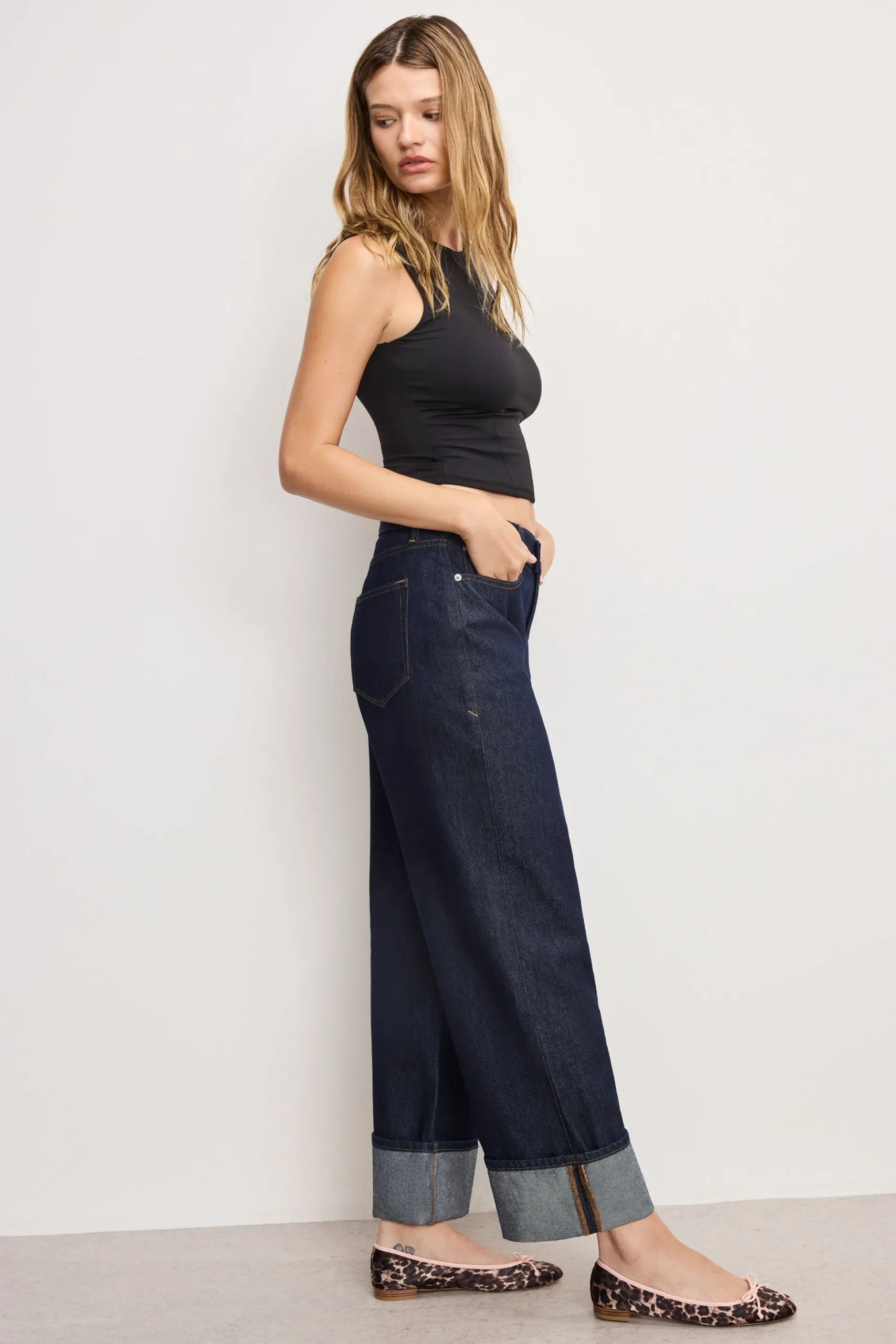 good low rise baggy cuffed jeans