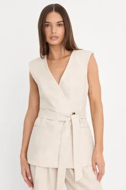 linen sleeveless belted vest