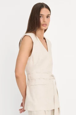 linen sleeveless belted vest