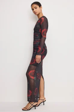 mesh ruched maxi dress