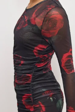 mesh ruched maxi dress