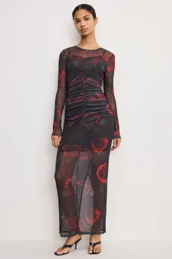 mesh ruched maxi dress