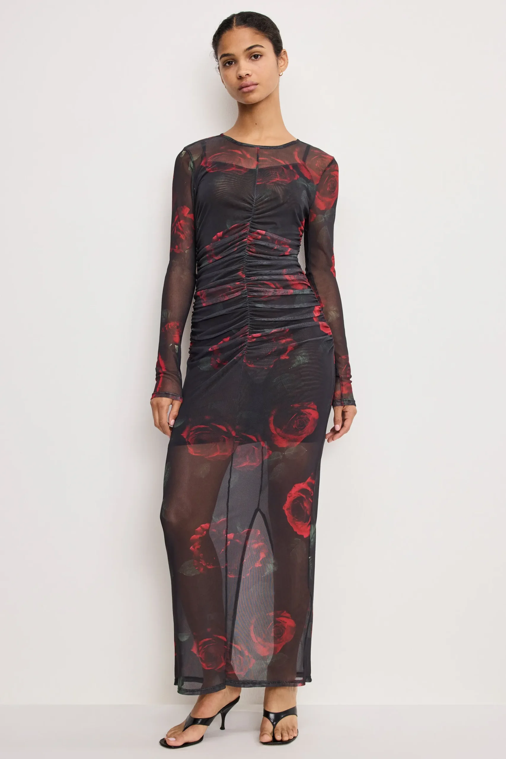 mesh ruched maxi dress