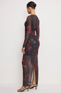 mesh ruched maxi dress