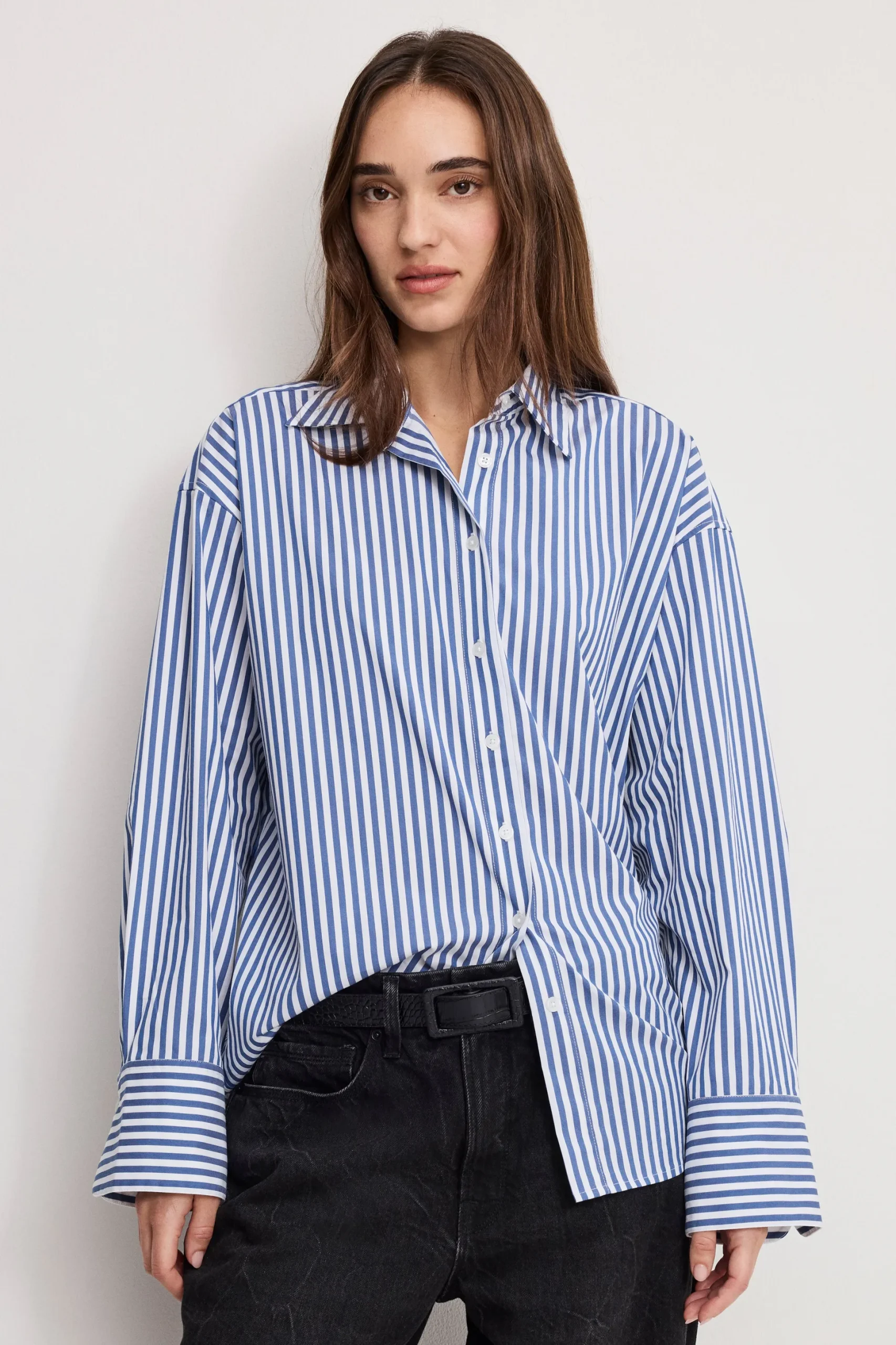 poplin oversized shirt w button adjustable waist