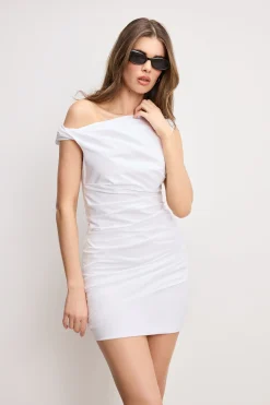 poplin ruched off the shoulder mini dress