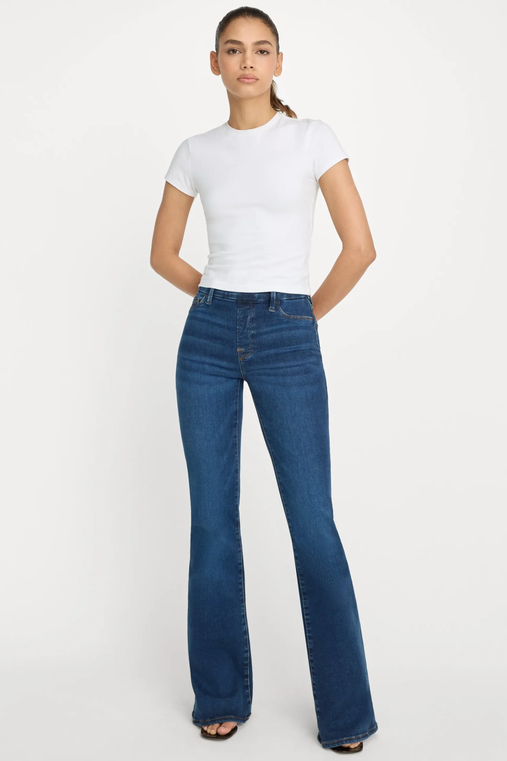 power stretch pull-on flare jeans
