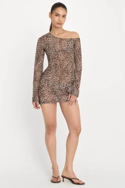print mesh asymmetric long sleeve mini dress