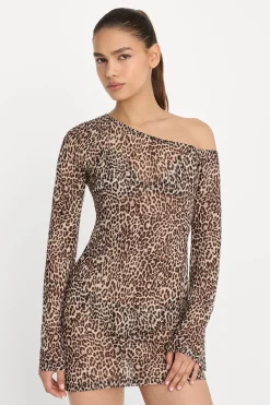 print mesh asymmetric long sleeve mini dress