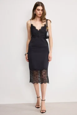 satin lace slip midi skirt