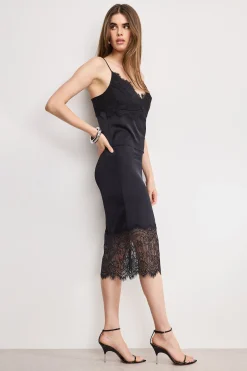 satin lace slip midi skirt