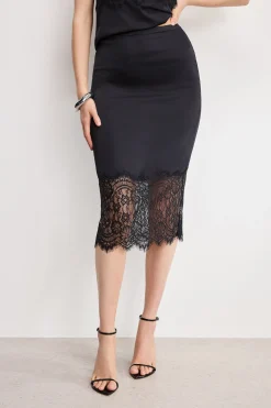 satin lace slip midi skirt